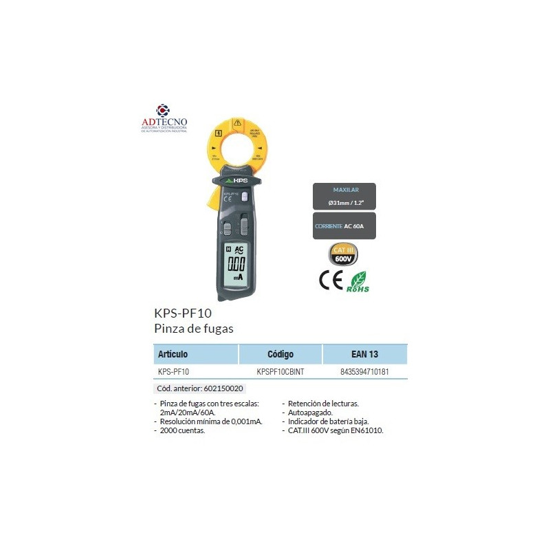 Pinza amperimétrica de fugas KPS DCM300Leak TRMS con Bluetooth